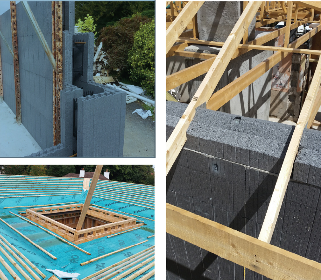   (Top left) the extension was built from insulated concrete formwork, which Walsh chose because this method is inherently free of thermal bridges; (bottom left) construction of the new atrium roof; (right) the house’s new sloped timber roof, with continuity of EPS insulation above the ICF walls