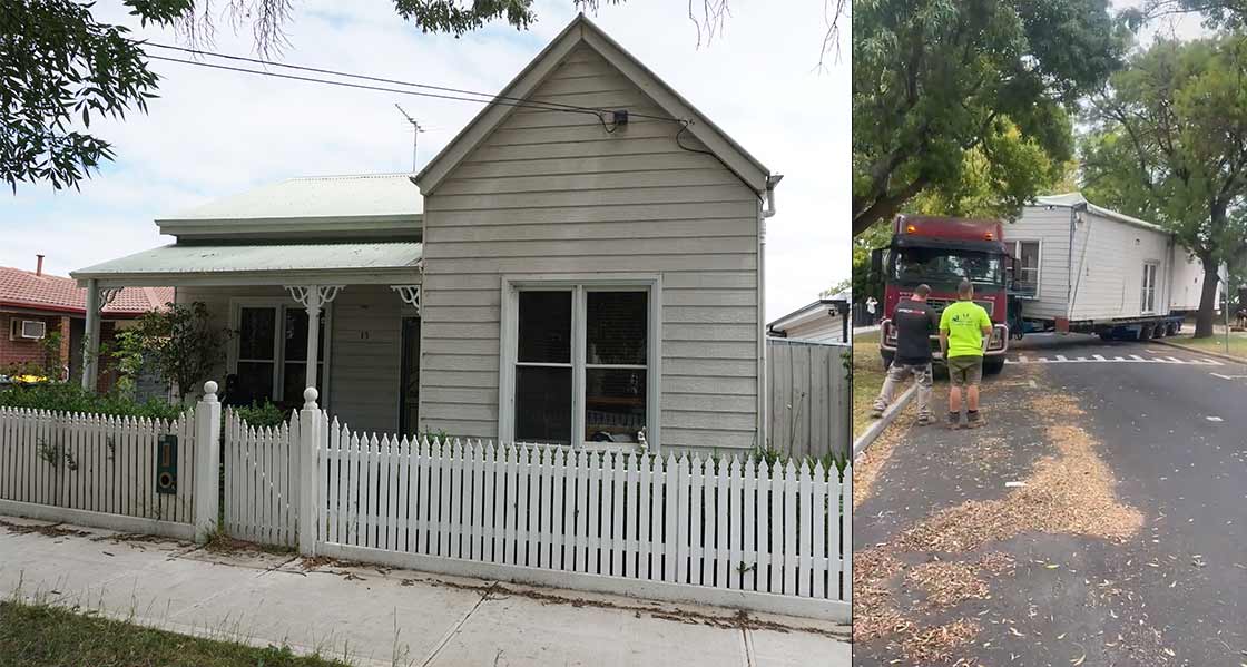 (l-r) The existing weatherboard house on the site, which dated from 1900; the house was lifted and moved by truck to the city of Ballarat.