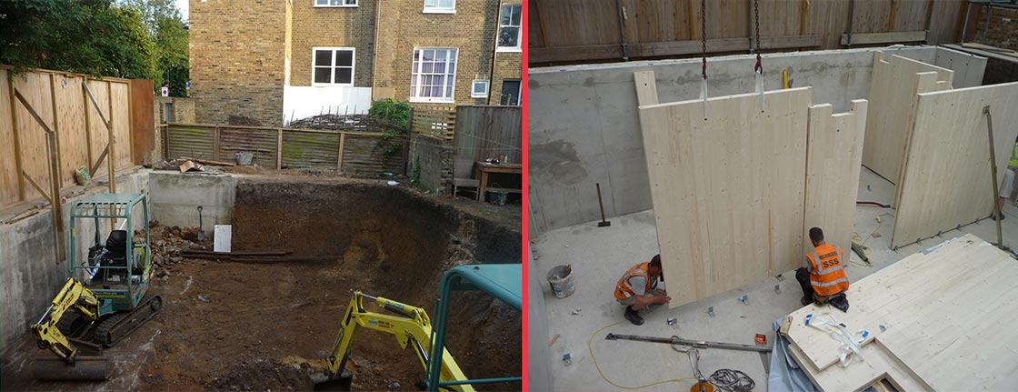 (left) Excavation works were carried out and a retaining wall constructed as local planning rules required the house to be set half a level down from the street; (right) the lower level is built in reinforced concrete, the cross-laminated timber panels are also used for partition walls 