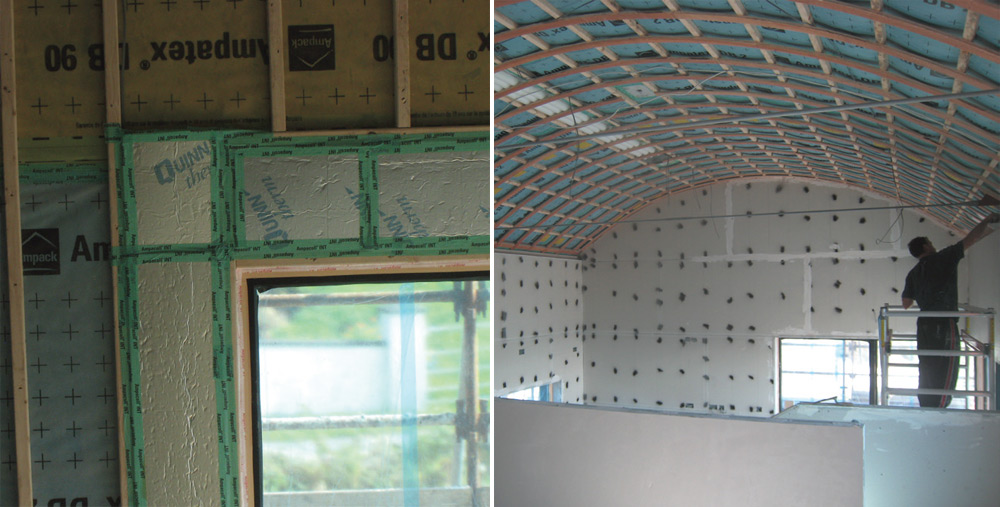 (Left) Airtightness taping around windows and over edges of PIR insulation; (right) Ampatex airtightness membranes were installed in the walls and roof