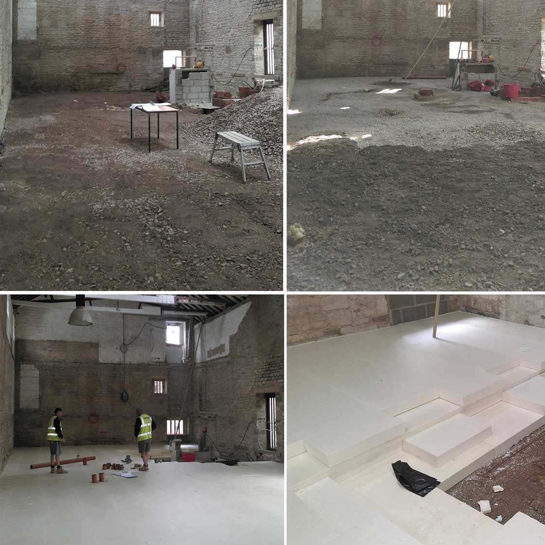 The decision was taken to change the floor levels and install an insulated slab, which would also help to thermally isolate the new three storey load bearing structure from the ground and walls. 230mm of Hexatherm XPS insulation was installed to deliver a U-value of 0.094