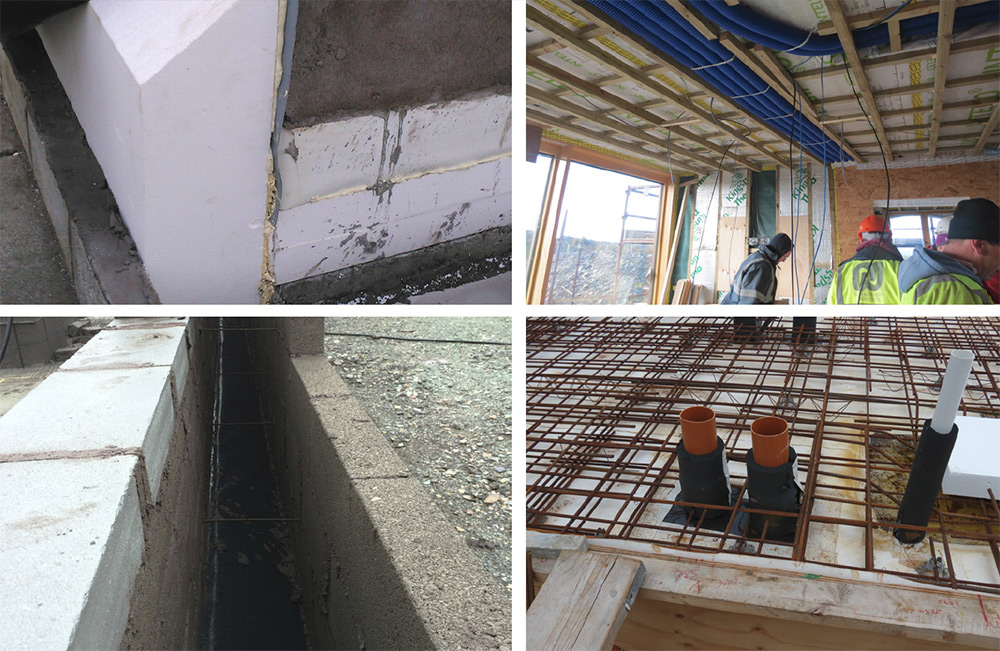 (clockwise, from left) Slab penetration detail with insulation around pipes; wall section showing Quinn Lite blocks and 250mm cavity with TeploTies to minimise thermal bridging; insulation detail at footing to prevent thermal bridging; roof service cavity with ducting, Nilair ducting housed in a service cavity inside the airtight layer; roof build-up features 120mm Xtratherm Thin-R XT insulation over vapour control layer.