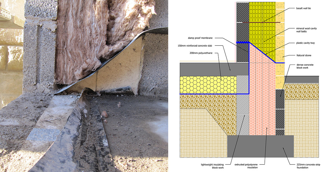 Construction of the cavity wall, showing the concrete block inner leaf, Knauf DriTherm cavity slab, and Ancon TeploTie low thermal conductivity cavity wall ties to minimise thermal bridging; Knauf XPS extruded polystyrene insulation below the damp proof membrane; diagram detailing the foundation build-up and junction with the external walls