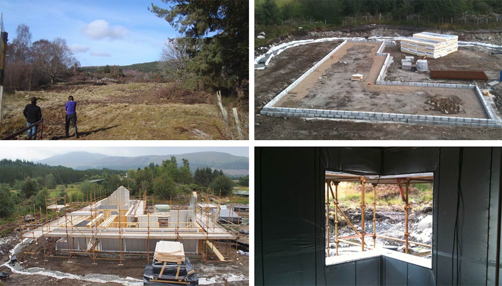 (Clockwise from top left) the plot just outside the hamlet of Gorstan is a former crofting site, and sloping rock and a high water table both proved a challenge here; aerated foundation concrete blocks around the perimeter of the house at ground floor level; vapour control layer taped and sealed to OSB layer on the inside of the timber frame structure; construction of the timber-roof, with the external OSB layer seen here prior to the installation of the breathable roofing membrane and slate finish