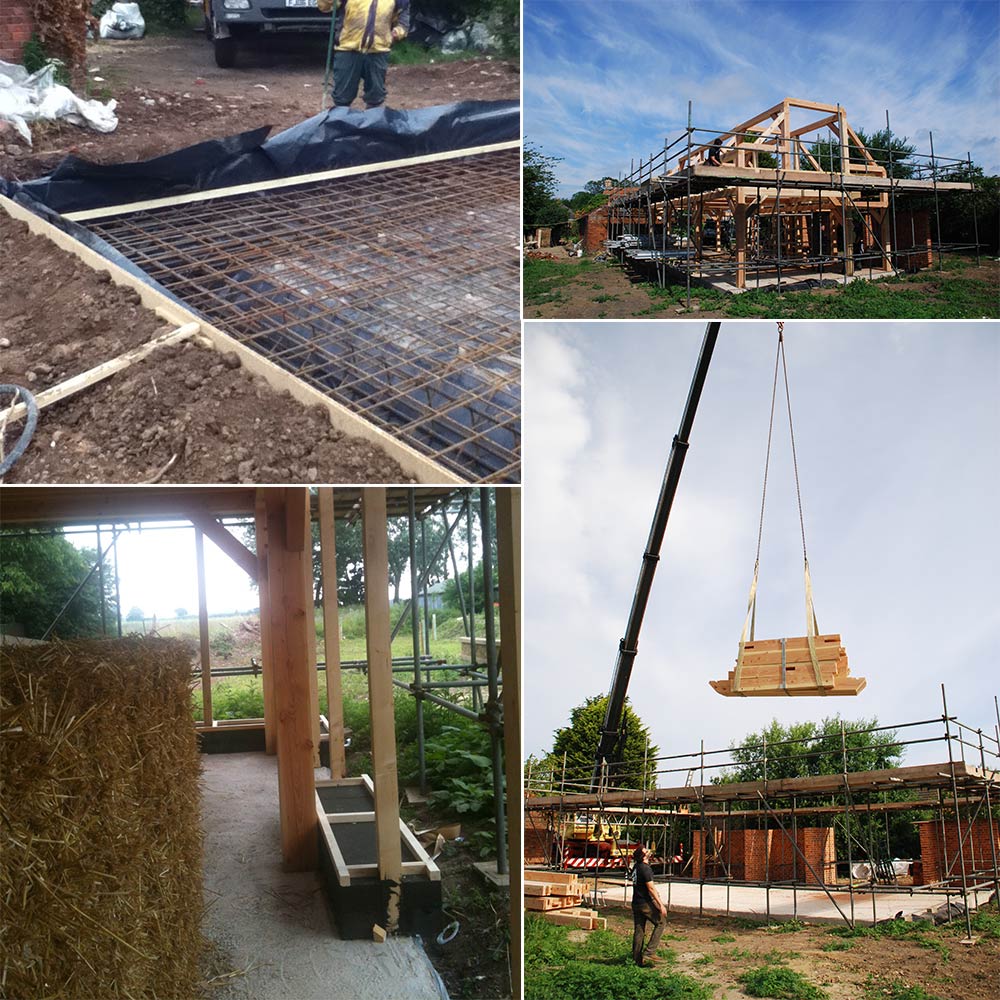 (Clockwise from top left) concreting of the raft foundation, which was insulated with 350mm of EPS; erection of the primary timber frame, which supports the roof and first floor windows; Foamglas insulation was installed at the edge of the raft foundations to prevent thermal bridging here; the timber frame being craned into place on site.