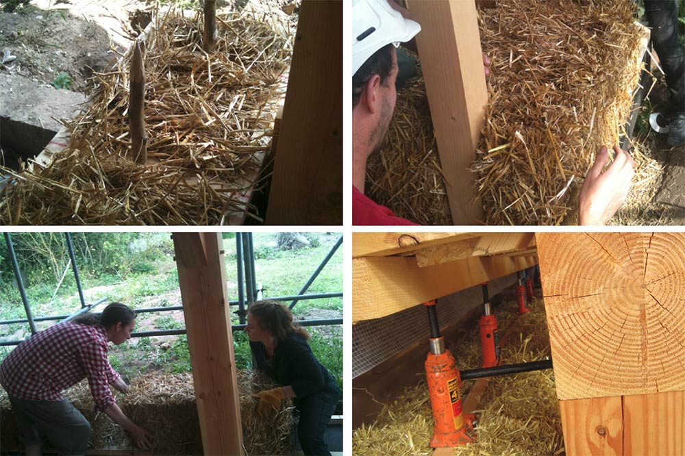 (Clockwise from top left) ’starter’ hazel pins at the base of the straw-bale walls; bales being notched into place around the timber-frame structure; the bales were compressed in place using a conventional car jack; the team laying the bales to construct the walls of the cottage.