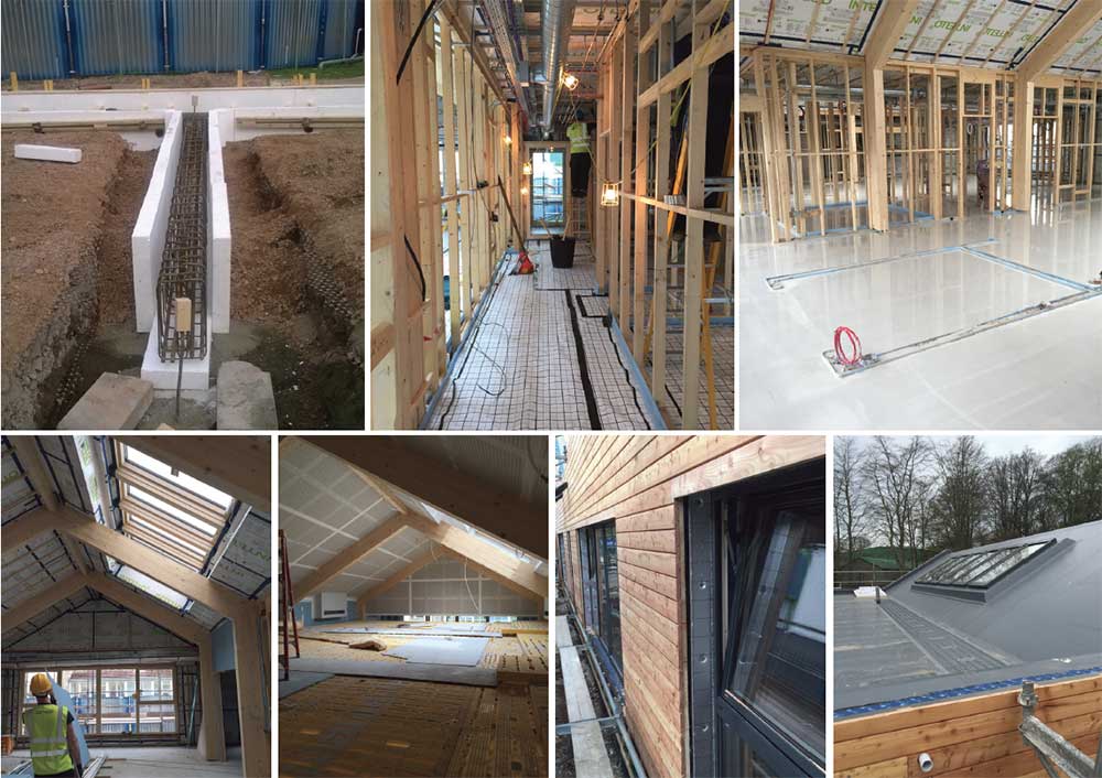 (clockwise from top left) Insulation detail at the concrete pile foundations; spiral MVHR ducting and Intello vapour control membrane visible here at ceiling level; 65mm self-levelling fl oor screed, the timber structure exposed to the inside of the nursery; Sarnafi l single ply roof membrane; larch timber cladding, Internorm aluclad windows and insulated reveals; Trad Safey Decking used to enable work on the double height ceiling; a series of Fakro quadruple-glazed roof windows, with U-value of 0.58, bring sunlight into the glulam-framed nursery space.