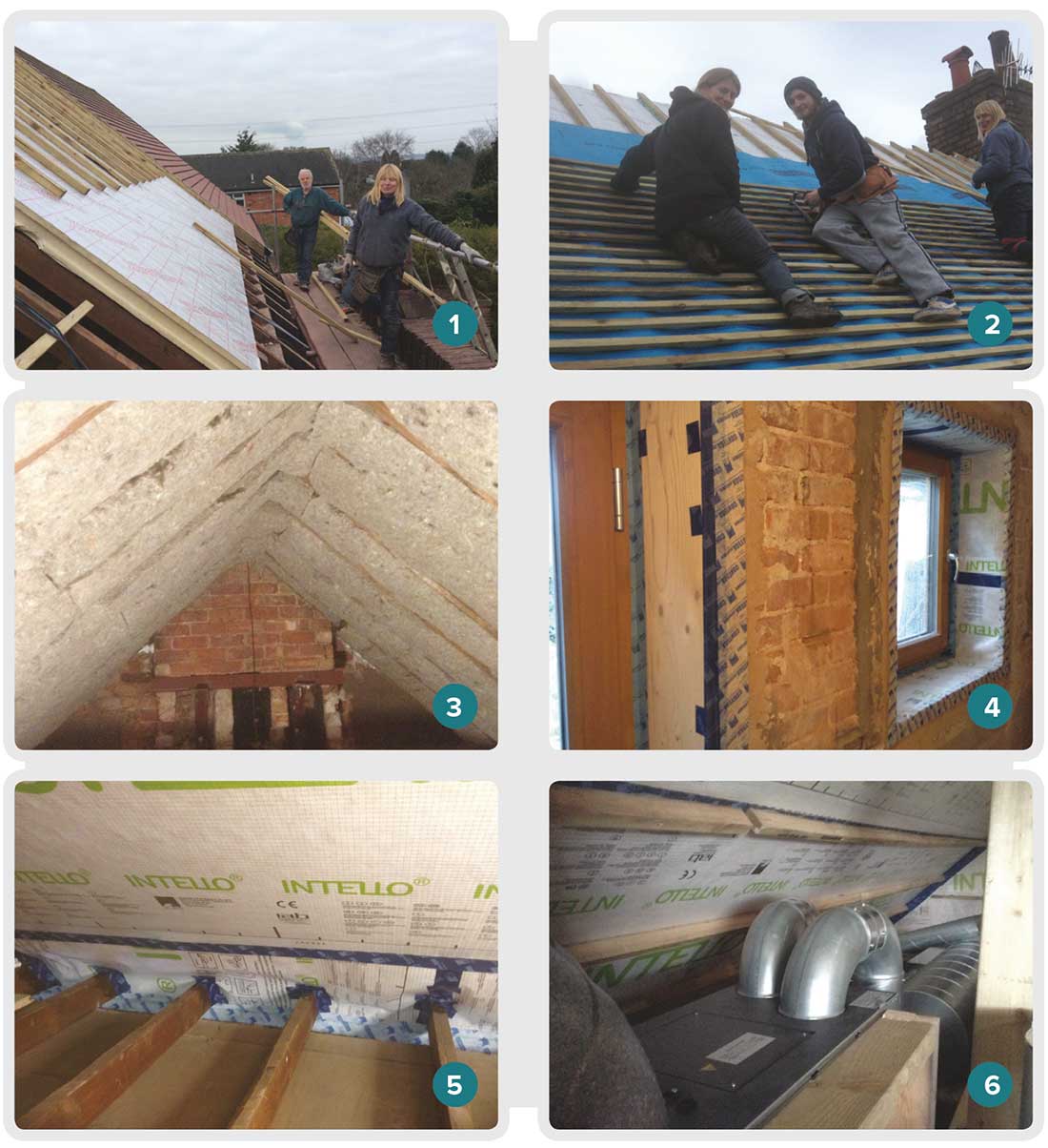 1 & 2 Roof build-up includes plain tiles followed inside by battens with pro clima Solitex taped wind-tightness membrane over counter battens, over Xtratherm Thin-R 100mm boards; 3 100mm Thermafleece UltraWool between rafters; 4 airtightness taping and membrane around windows, with the original brickwork still exposed internally; 5 further taping around joist ends; 6 Paul Focus 200 heat recovery ventilation system.