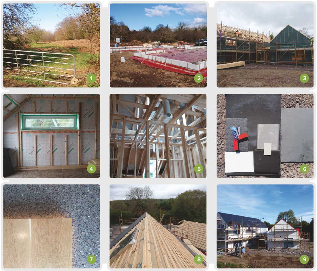 1 Site entrance view in April 2016; 2 the ground floor features a course of Quinn Lite B7 aircrete blocks to perimeter; 3 erection of the Cygnum timber frame structure almost complete; 4 Gerband SD2 Control airtight vapour barrier fitted to inner side of wall; 5 ductwork for the BEAM Axco heat recovery ventilation system; 6 palette of materials and finishes used on the project; 7 oak stair tread with the polished concrete floor underneath; 8 natural slates being installed on the roof; 9 the house nearing completion.