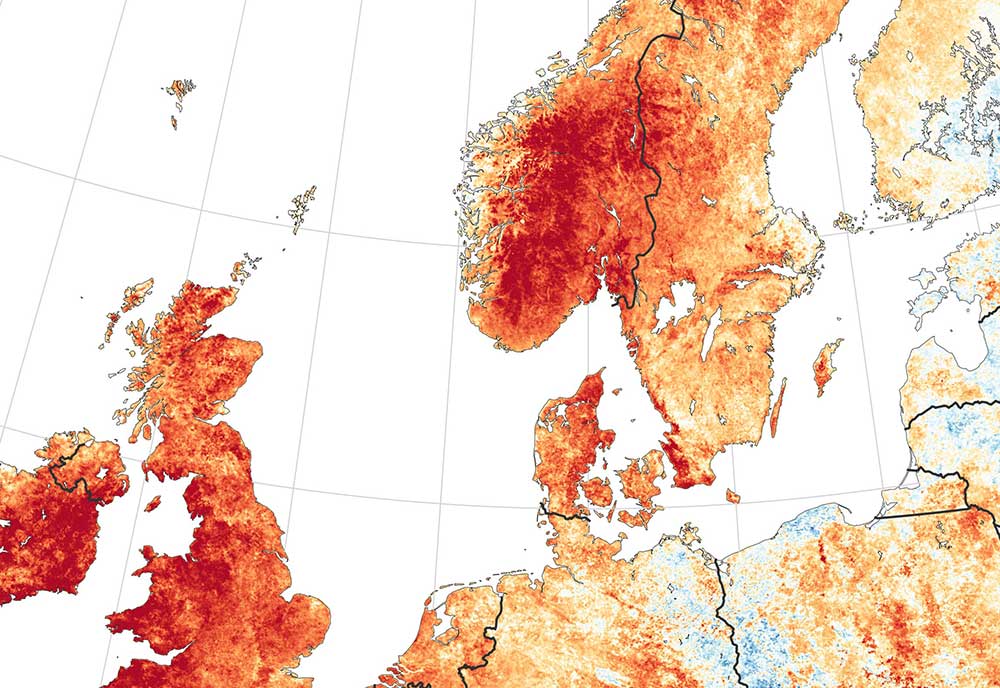 above A NASA temperature anomaly map in Northern Europe in July 2018 showing unusually hot conditions in Ireland, the UK and Scandinavia.