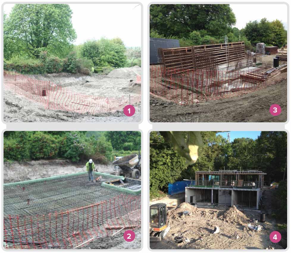 Work begins on foundations; 2 only a partwidth of the slab was installed first to retain access; 3 reinforced concrete going up, still with only a part-width slab; 4 the mixed-construction house features a 50 % GGBS concrete structure on the lower floor, with a prefabricated timber frame upper floor.