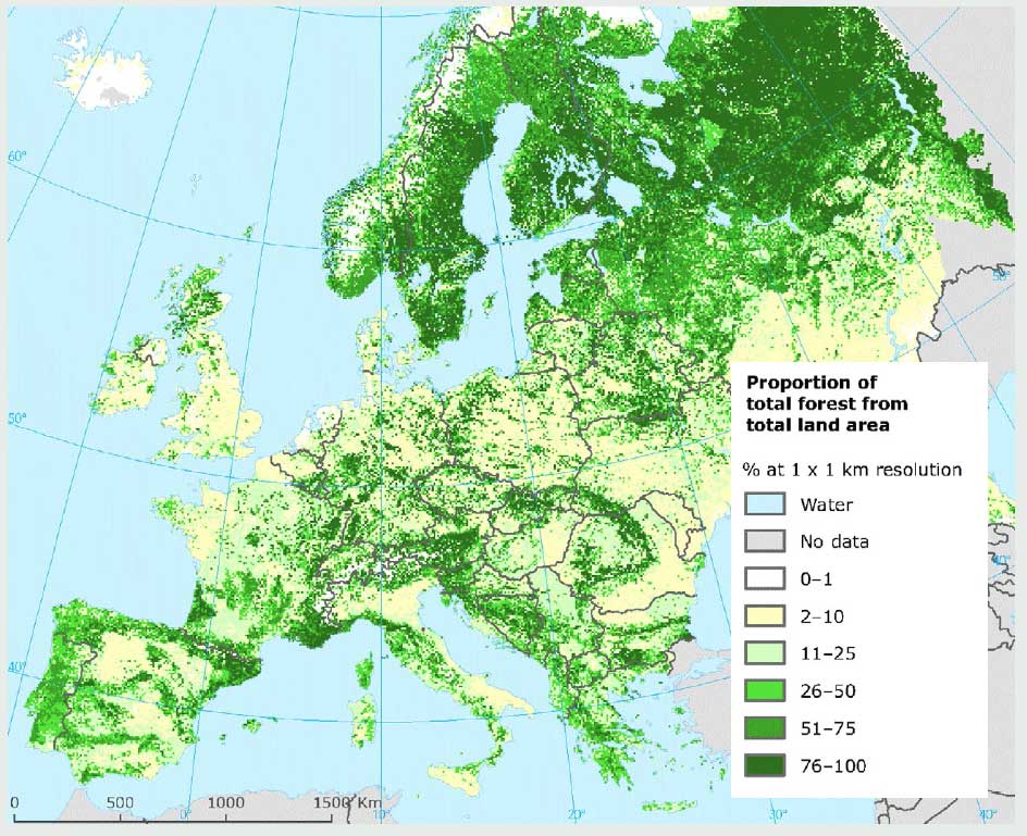 The UK and Ireland are among the least forested countries in Europe, meaning there is potential for new forests of all types, from ecologically-minded timber production to those purely set aside for nature. See the ‘Home Grown Homes’ programme delivered Wood Knowledge Wales for an example of a project that has aimed to develop a market for locally grown construction timber. Image source: European Environment Agency