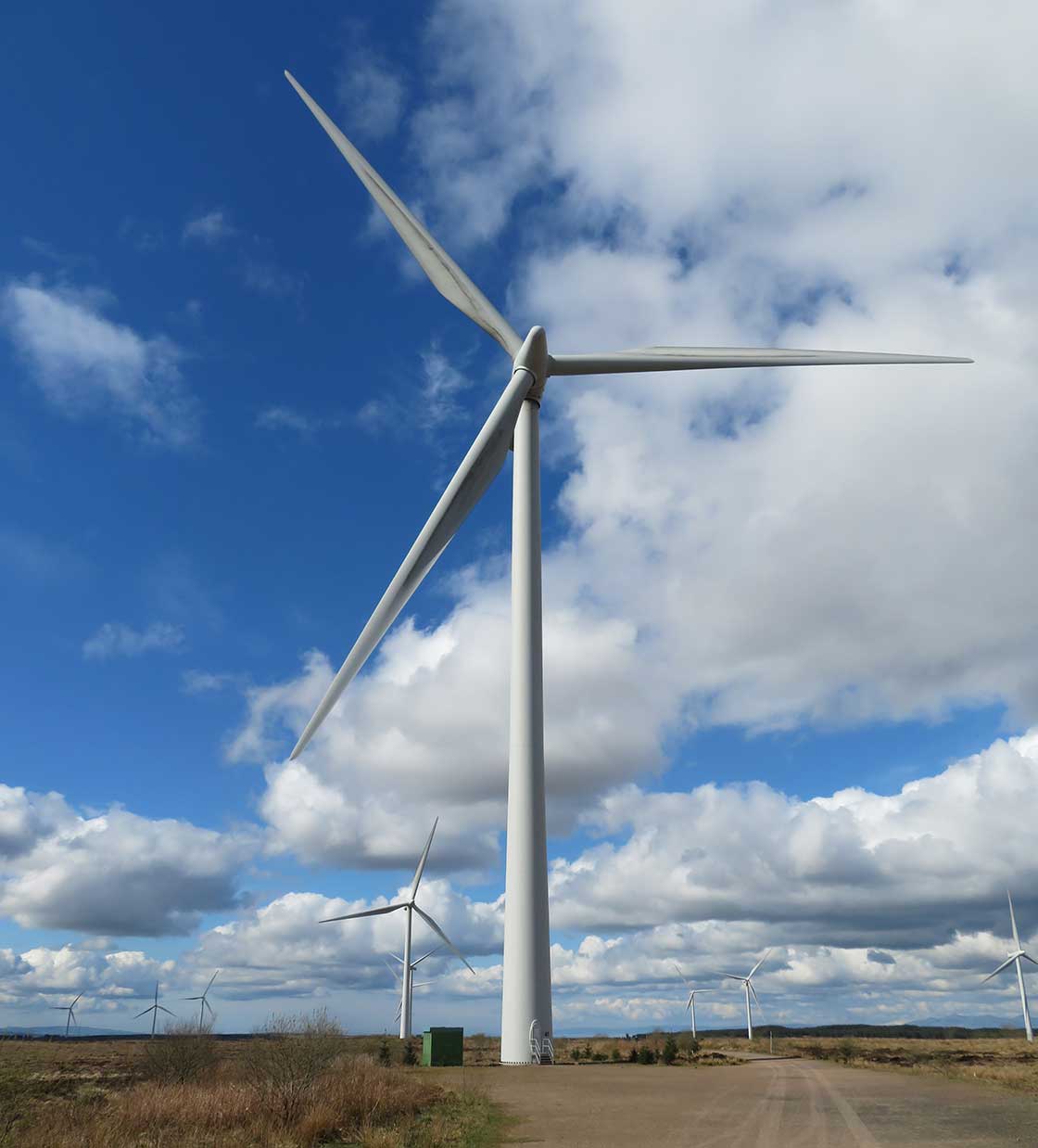 A wind turbine at Whitelees Wind Farm, the UK’s largest onshore wind farm, which is located near Glasgow