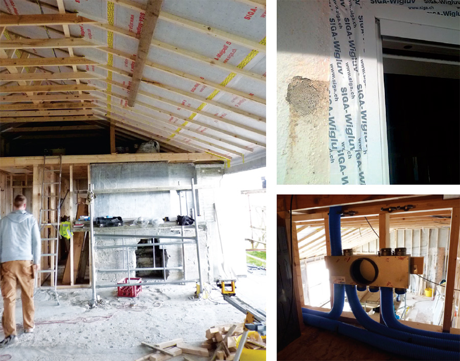Siga’s airtightness products were used to help deliver an airtightness of 0.8 ACH, including Majpal membranes with Sicrall and Wigluv tapes; (bottom right) an Aldes Cube MVHR system provides ventilation while recapturing heat from stale air.