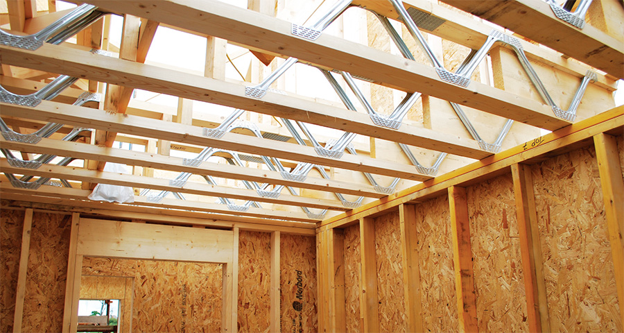 The steel web floor joists house building services such as MVHR ductwork discretely