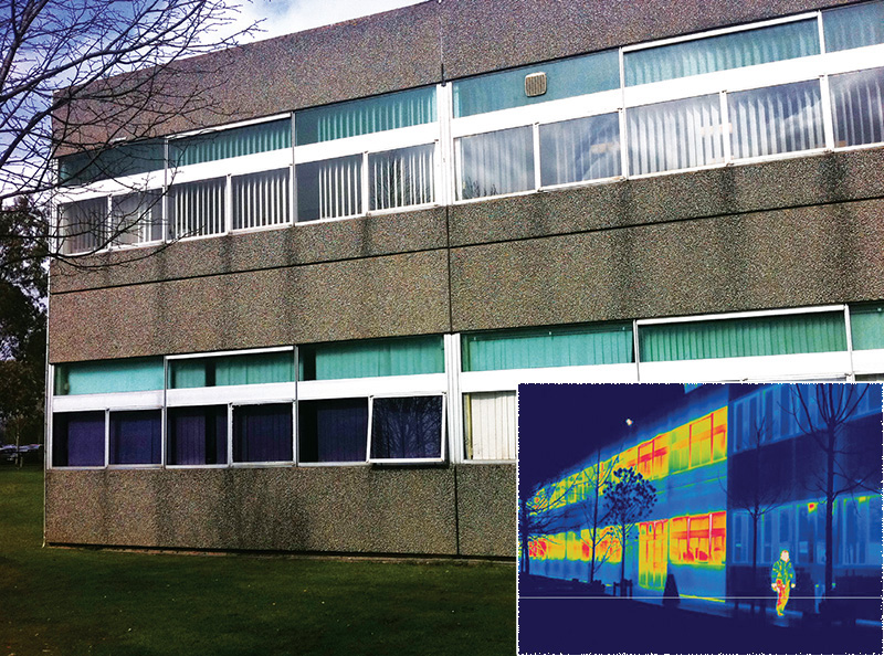 Dating from 1974, the original walls and windows have risible U-values of 1.77 and circa 5 W/m2K respectively. The pilot project has reduced the wall U-values of the upgraded section to just 0.11, with windows improved to 1 W/m2K. A thermal image makes the profound efficiency improvement tangible.