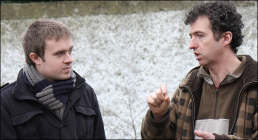 Construct Ireland journalist Lenny Antonelli (left) speaks to Viking House’s Seamus O’Loughlin (right) on site in Glasnevin