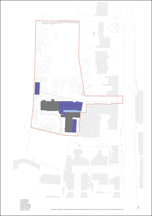 An architect's drawing of the site, showing new (blue) and historic (grey) buildings