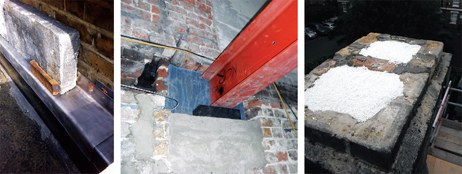 (left to right) Baumit EPS external insulation fitted to the rear brick wall; steel beams sit on Foamglas block to prevent thermal bridging; chimney pots were filled with Perlite insulation in to prevent heat loss and provide airtightness