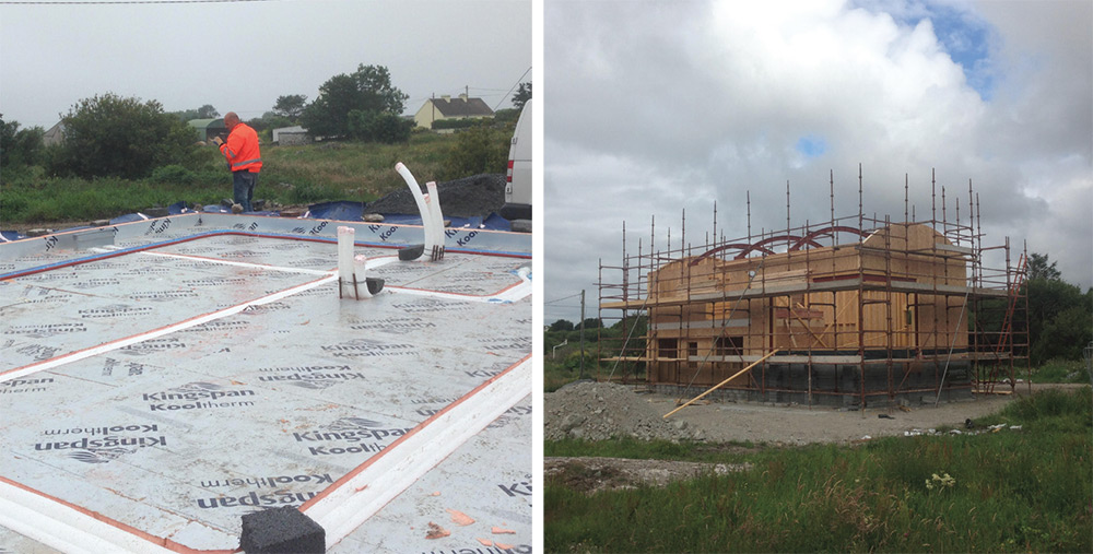 (Left) the lower ground floor features 200mm Kingspan K3 insulation – including channels cut into the top of the insulation layer to house the MVHR ductwork – with 70mm K3 insulation upstand to edges, (right) The timber frame was built by local manufacturer Irish Eco Homes and was erected in just five days 