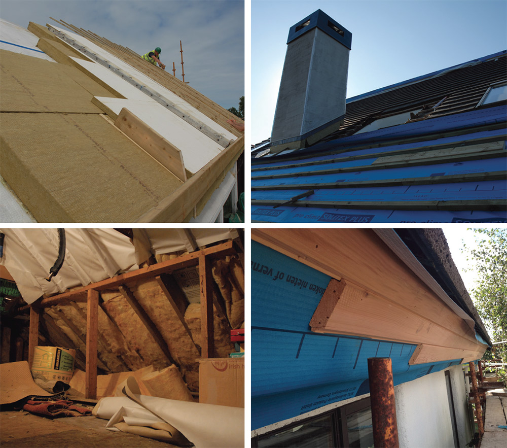 (Above) Insulation and airtightness details of the new roof build-up, including (bottom left) 100mm mineral wool installed between rafters; (middle left) two separate layers of Rockwool insulation outside existing rafters; (middle right) externally insulated chimney stack and Pro Clima Solitex Plus membrane over Rockwool insulation; (bottom right) airtight layers were continued down to the verge overhang, awaiting the completion of external insulation on the gable walls at a later phase