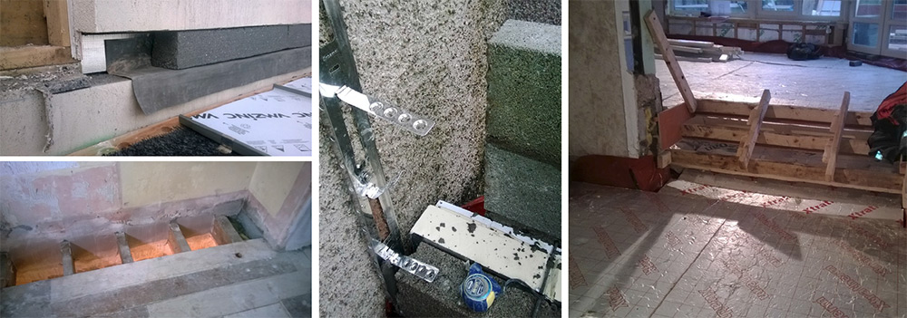 (clockwise from bottom left) new plaster around joists ends; foil-backed insulation behind lead flashing to minimise thermal bridging where the pitched roof extension meets the externally insulated existing walls; cavity wall with full-fill Xtratherm insulation board and Ancon TeploTies; (right) Xtratherm floor insulation detailing at split level.