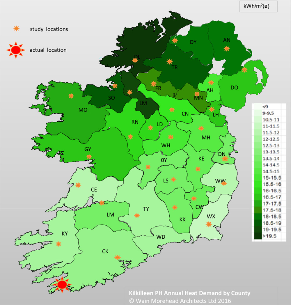 Analysis by Wain Morehead Architects has shown that the space heating demand of a West Cork-based passive house designed by the firm rises from 11.5 kWh/m2/yr to over 19.5 kWh/m2/yr when moved to Donegal