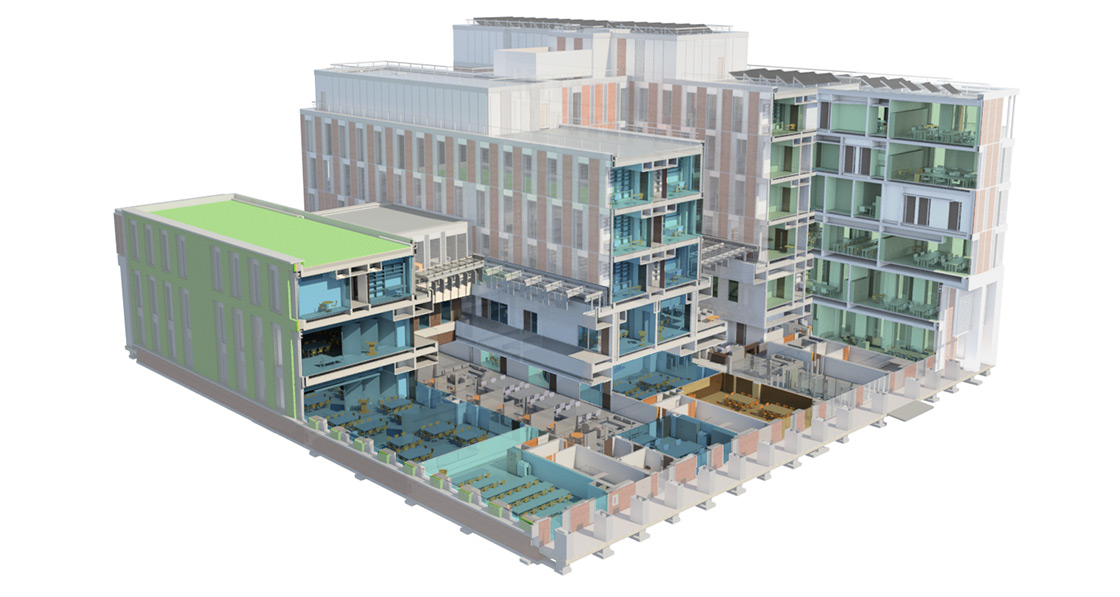 Cut-away computer-generated model showing the building’s structure and interior