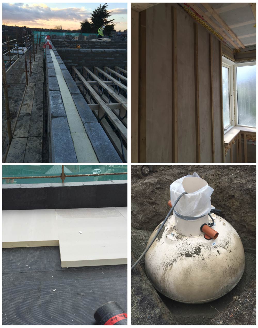 (above, clockwise from top left) the walls of the eight units at Garville Drive were constructed from traditional concrete-block cavity-walls, with 100mm of Xtratherm full-fill Cavitytherm board between the inner and outer leafs; Gyproc Airtite Quiet plaster behind 25mm battens for the internal service cavity prior to installation of plasterboard, with airtightness detailing of key junctions using Siga tapes also visible; 150mm Paratherm PIR insulation on the flat roof, part of a Moy extensive green roof system; a Kingspan Environmental rainwater harvesting system feeds garden garden taps at the development.