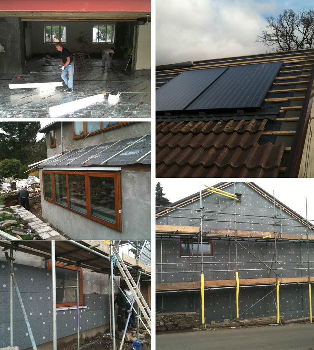 (clockwise from top left) installation of 150mm of PIR insulation to the original ground floor; solar thermal panels on the upgraded roof supply domestic hot water for the renovated cottage; installation of the Plustherm graphite EPS external insulation system to the gable wall; Green Building Store Ultra tripleglazed timber windows set into the external insulation layer to prevent thermal bridging; the Ultra windows in place prior to the installation of the external insulation.