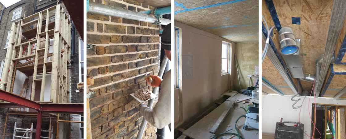 (above, from left) the timber frame extension to the rear under construction; the disintegrating cement pointing was removed, and replaced with lime based mortar to reduce water penetration from driving rain; the top storey was internally insulated with Pavadry wood fibre boards, with plasterboard outside this, while OSB to the ceiling above is taped for airtightness; ductwork for the MVHR systems, and airtightness taping around joints and junctions.