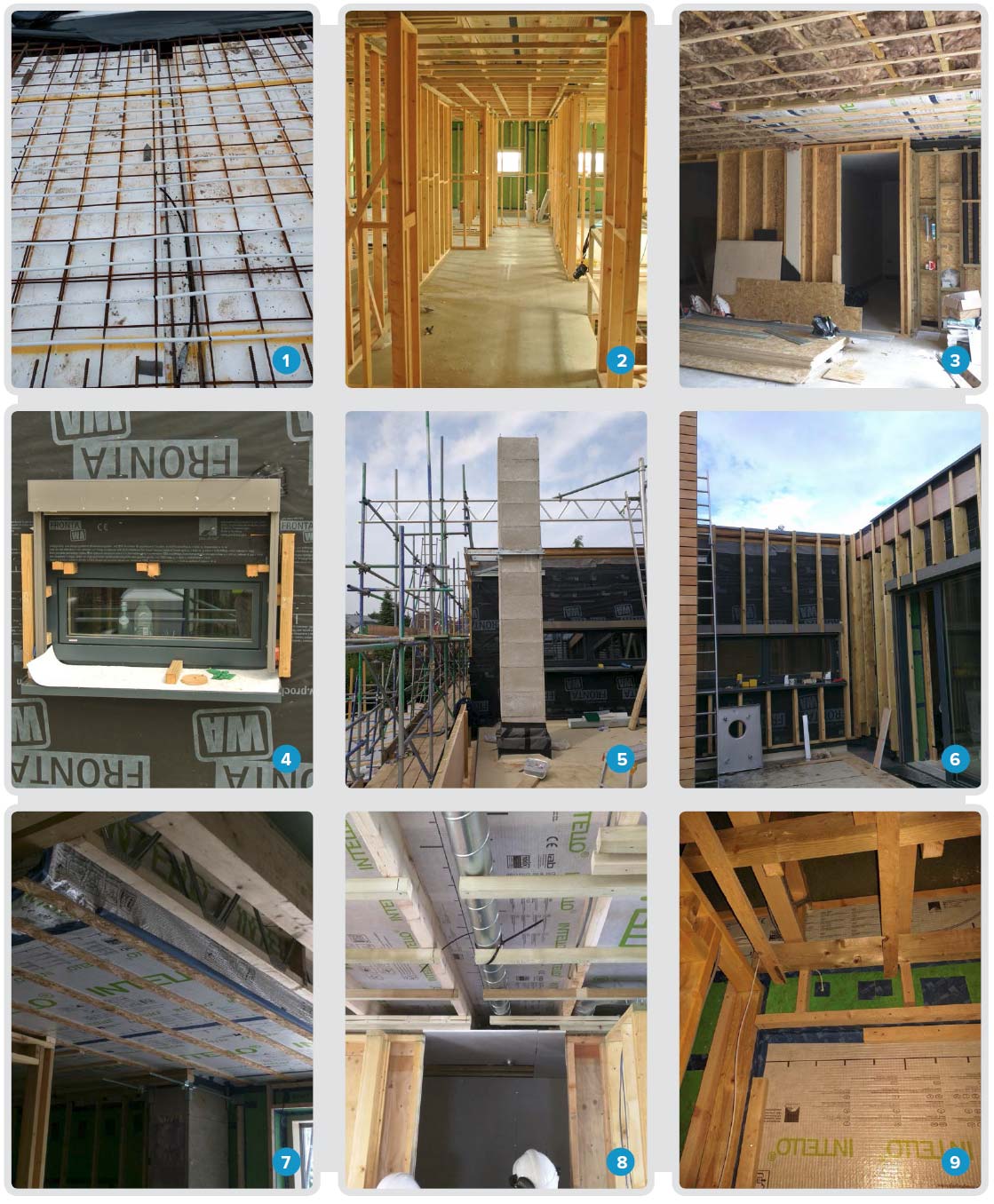 1 One-wire sensors installed throughout the house, like this one in the KORE insulated foundation system, monitor temperature and in some cases humidity; 2 construction of internal partitions in the timber-frame house underway; 3 I-Beam timber joists were fully insulated with Warmcel insulation with some mineral wool below, as seen here, followed beneath by a Pro Clima Intello Plus vapour control layer; 4 Solitex Fronta WA wind tight breather membrane to the outside of the timber-frame construction; 5 construction of the chimney for the wood-burning stove; 6 timber battens forming the rainscreen cavity to the outside of the wall build-up, onto which sweet chestnut cladding was fitted externally; 7 a boxed-off section of extra insulation installed due to the proximity of this area to the roof terrace; 8 timber battens forming a services void in the ceiling through which the rigid MVHR ductwork runs; 9 another one-wire temperature sensor installed within the timber-frame.