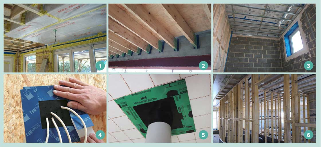 1 Airtightness membrane at the underside of a ceiling with taping around web-joists and other junctions; 2 airtightness taping around joist ends; 3 taping of membrane overlaps to underside of ceiling, with service cavity beneath; 4 specialised seals around penetration for wires; 5 and ductwork; 6 airtight membranes installed by Clioma House prior to the installation of internal studwork in a Long Life Structures build.