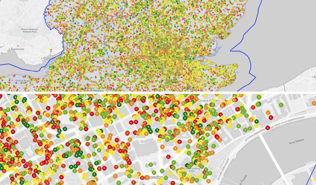 (above) A map of EPCs for English dwellings, going down to individual building level.