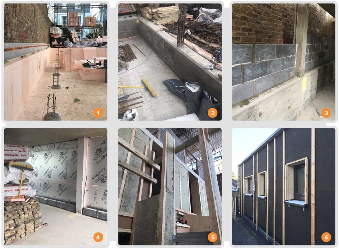 1 The Isoquick insulated raft foundation system helps to eliminate any thermal bridges; 2 50% GGBS in the concrete helped to reduce CO2 emissions in the floor slab; 3 construction of new lightweight concrete block walls just inside the neighbouring party wall; 4 to keep the wall construction thinner at the party wall, Kingspan Kooltherm rigid board was used externally for insulation here; 5 however the walls of the main facades were insulated with Steico I-joists packed with Rockwool Flexi mineral wool insulation and 6 finished externally with a Steico black breathable board, which was then clad externally with Austrian larch.