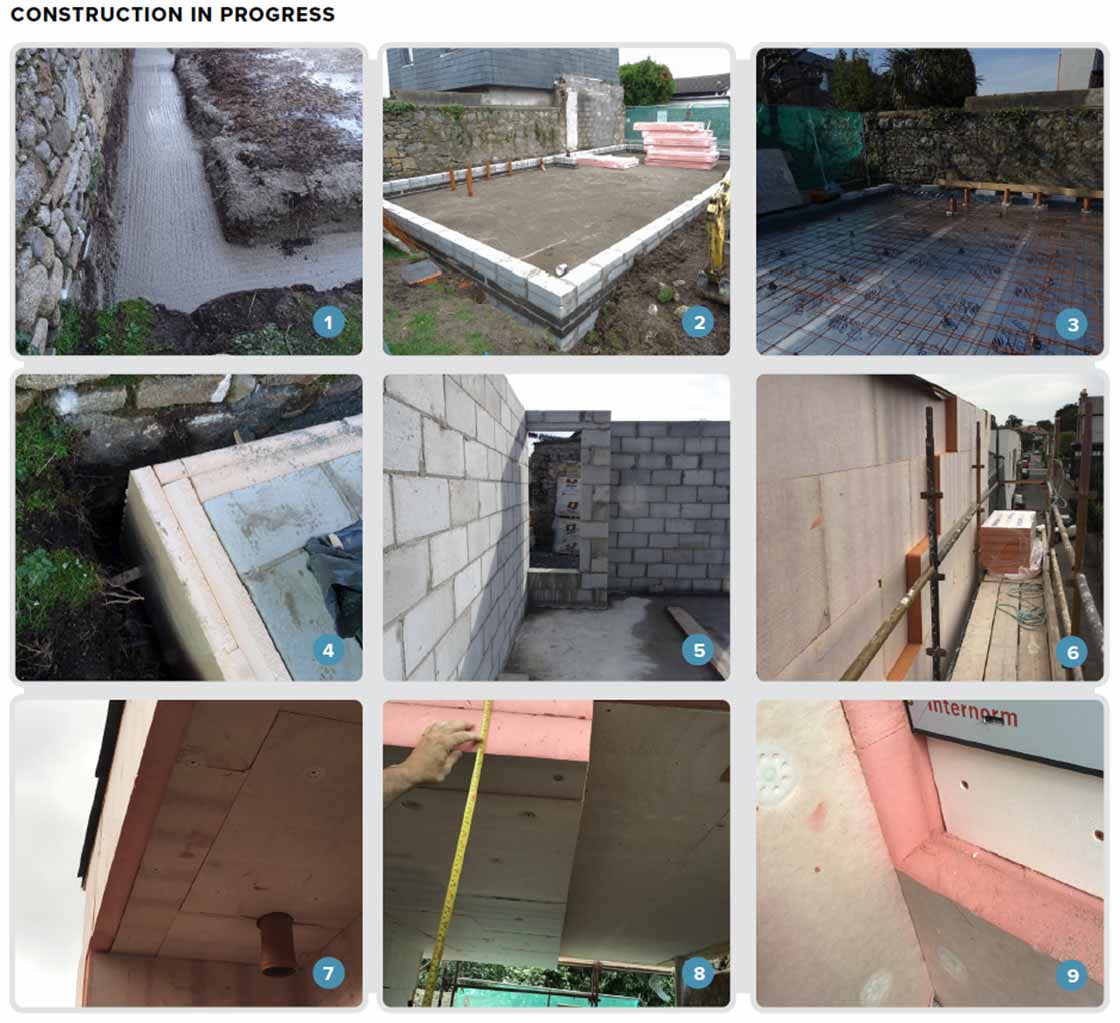 The foundations spec includes 1 a concrete trench; 2 perimeter of Quinn Lite and Foamglas blockwork; 3 270 mm Kingspan K3 insulation followed by reinforced concrete slab mesh; 4 corner detail showing XPS insulation enclosing the first layer of Quinn Lite block. 5 Singleleaf Quinn Lite blocks form the whole walls, significantly reducing thermal bridging throughout the building. 6 Kingspan phenolic external insulation helps to deliver passive house U-values; 7 & 8 200 mm Kingspan external wall board insulation is fitted to the soffit at the overhang and undercroft; 9 Compacfoam supports to window reveals minimise thermal bridging.