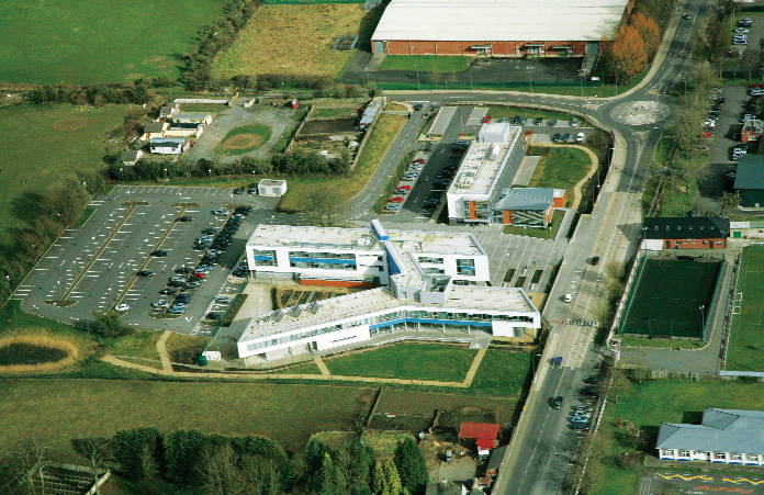 An aerial view of the site, with the Department of Justice building in the foreground