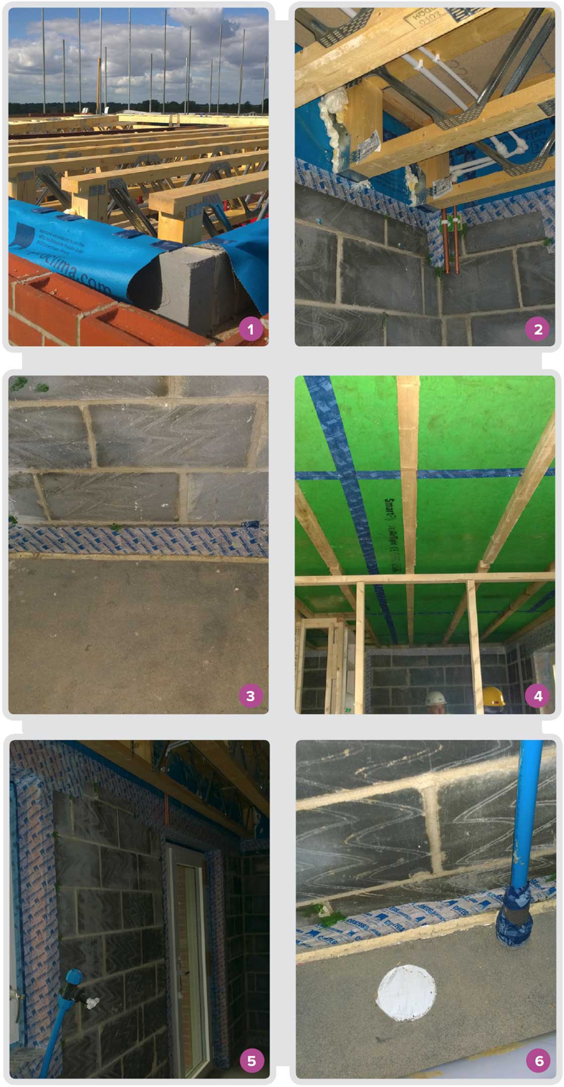 1 Airtightness membrane rising up over the internal leaf of the cavity wall, under the joist hangers; 2 foam for airtightness where joist ends meet the airtightness membrane; 3 airtightness taping behind timber studs; 4 Smartply ProPassiv airtight OSB with tapes and service void at first floor ceiling; 5 airtightness taping at ply window box; 6 taping at service penetrations and wall-floor junction.