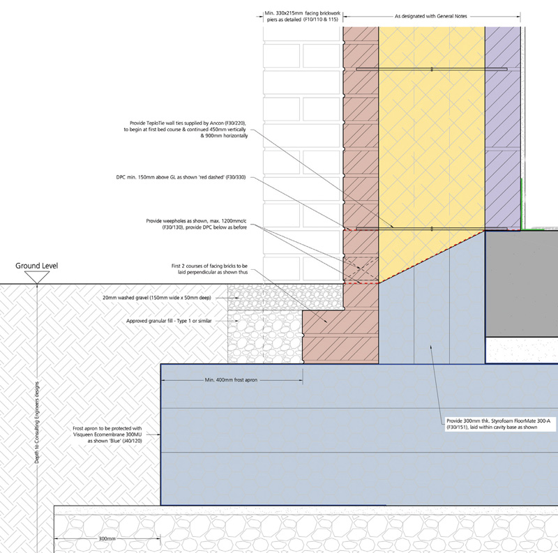 The cavity walls at Ditchingham are fully filled with 300mm of Isover Hi-Cav 32 Glass mineral wool, with 300mm of Styrofoam Floormate laid within the base of the cavity up to DPC level