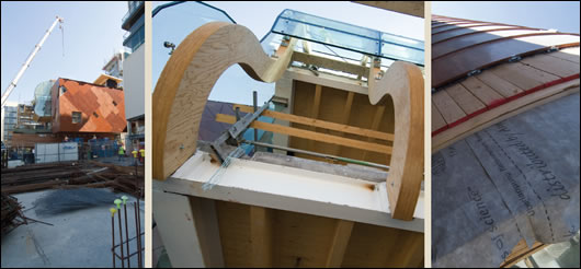 Approaching the museum (above left): despite a very tight site, the prefabrication process has resulted in a rapid build; from below (above middle): cladding being added into place; a wall unit (above right) in progress on the roof. Dupont Tyvek membrane is used to prevent the ingress of wind-driven rain