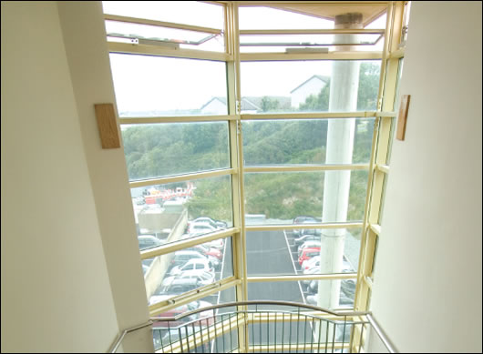 Internal view of stairwell. Note, the windows are open