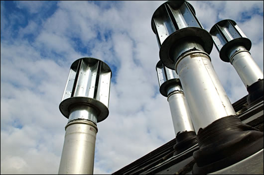 Designed passive ventilation with heat recovery, such as the Dwell-Vent system, seen here in Jay Stuart’s Easton Mews housing project, has great potential. The system combines (bottom of page) supply air windows and (above) a passive stack effect using wind-cowls