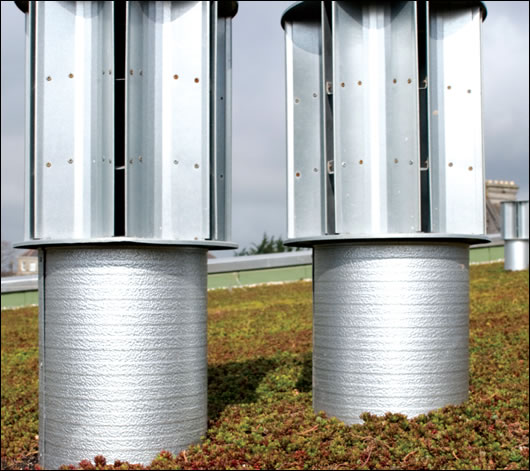 The rather surreal sight of wind cowls terminating the passive stack chimneys surrounded by the convent’s sedum roof