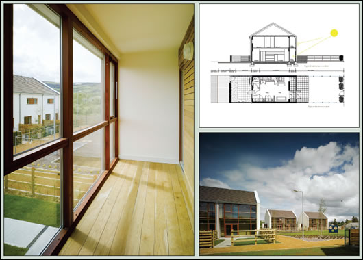 (Clockwise from top right) a plan and elevation of a house at Baile Glas; note the compact form and sout-facing aspect; the winter gardens which act as a buffer to the south