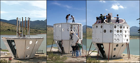 The Shelter No 2 pod was built with 90 per cent recycled content and a team of 12 can assemble it in just one day