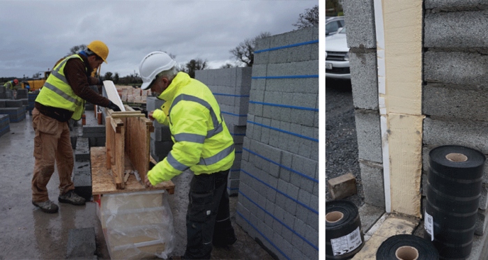 Pat Doran working with a blocklayer to cut cavity insulation to ensure thermal performance isn’t undermined by inaccurate installation